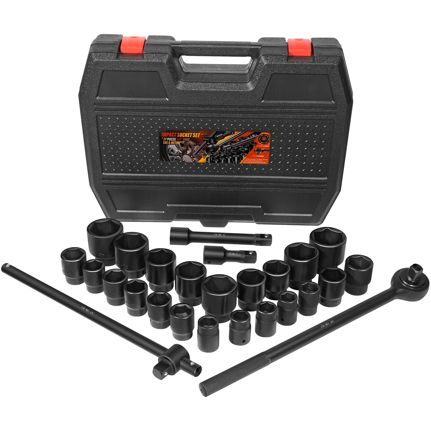 3/4″ Drive Impact Socket Set 27Pcs Standard SAE 7/8″-2″ Metric 22-50mm 6 Point