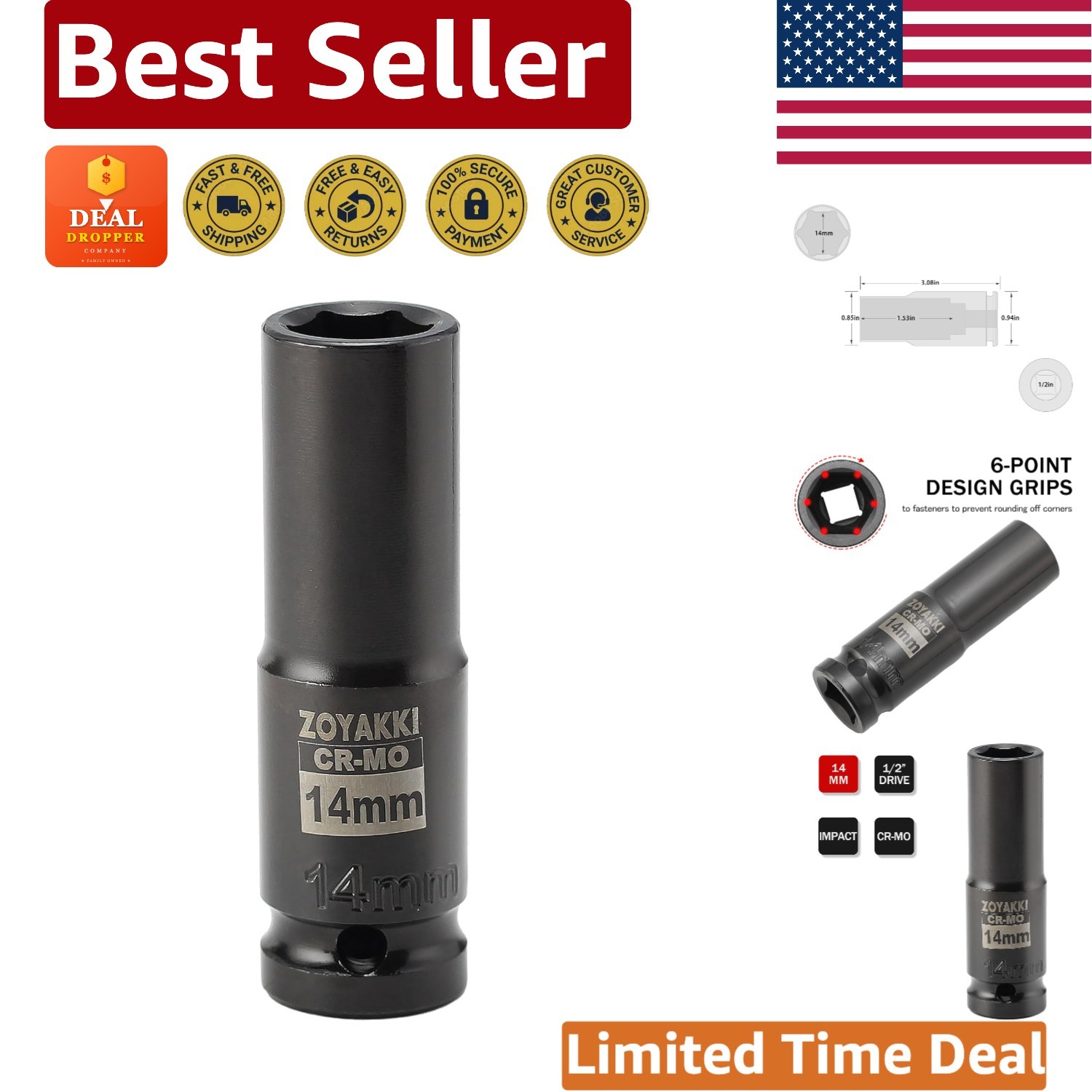 Heavy-Duty 14mm Impact Socket, Deep Design Compatible with 1/2″ Drive Wrenches