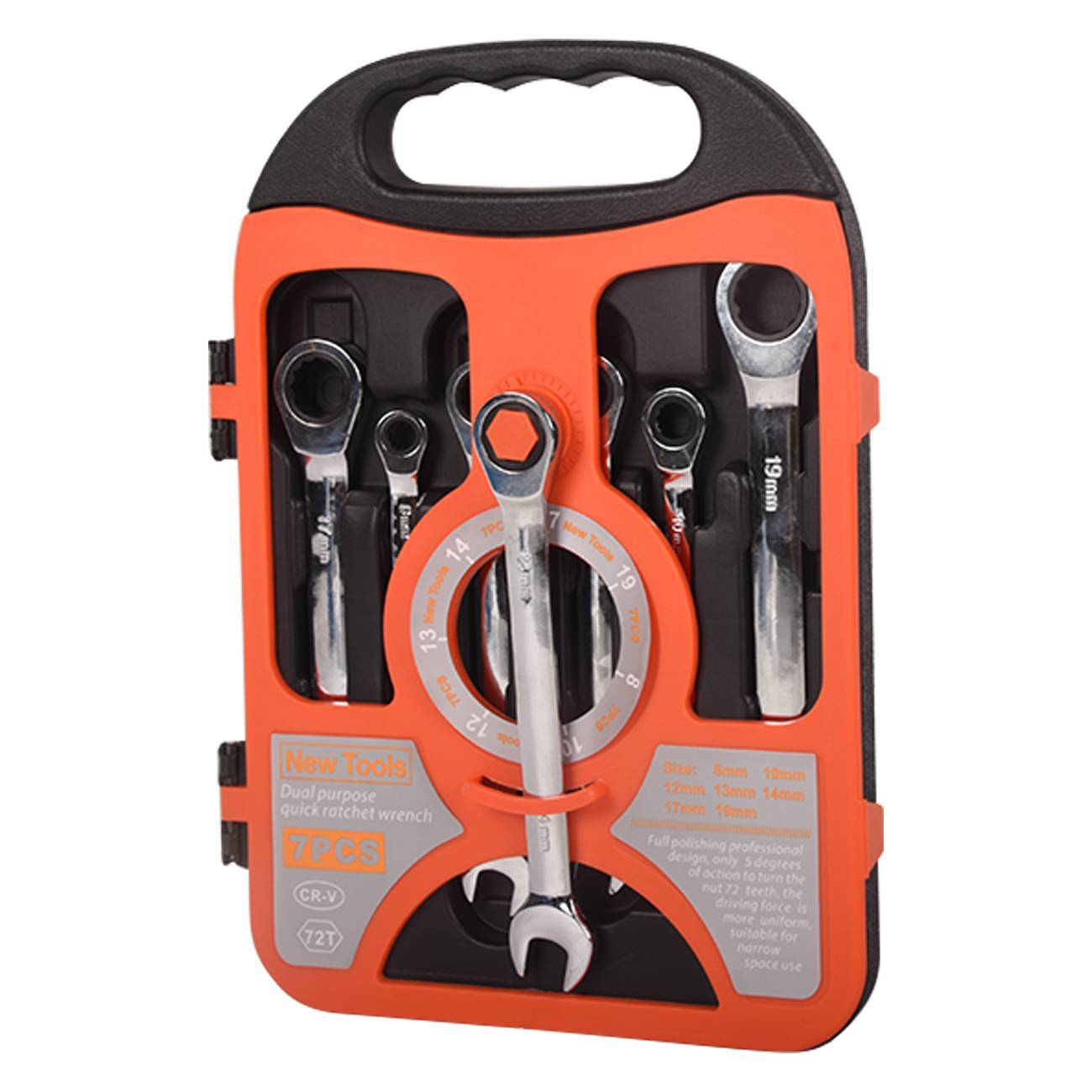 Ratchet Wrench Combination Kit Metric Fixed Spanners Tool 7 Piece Set 8mm-19mm