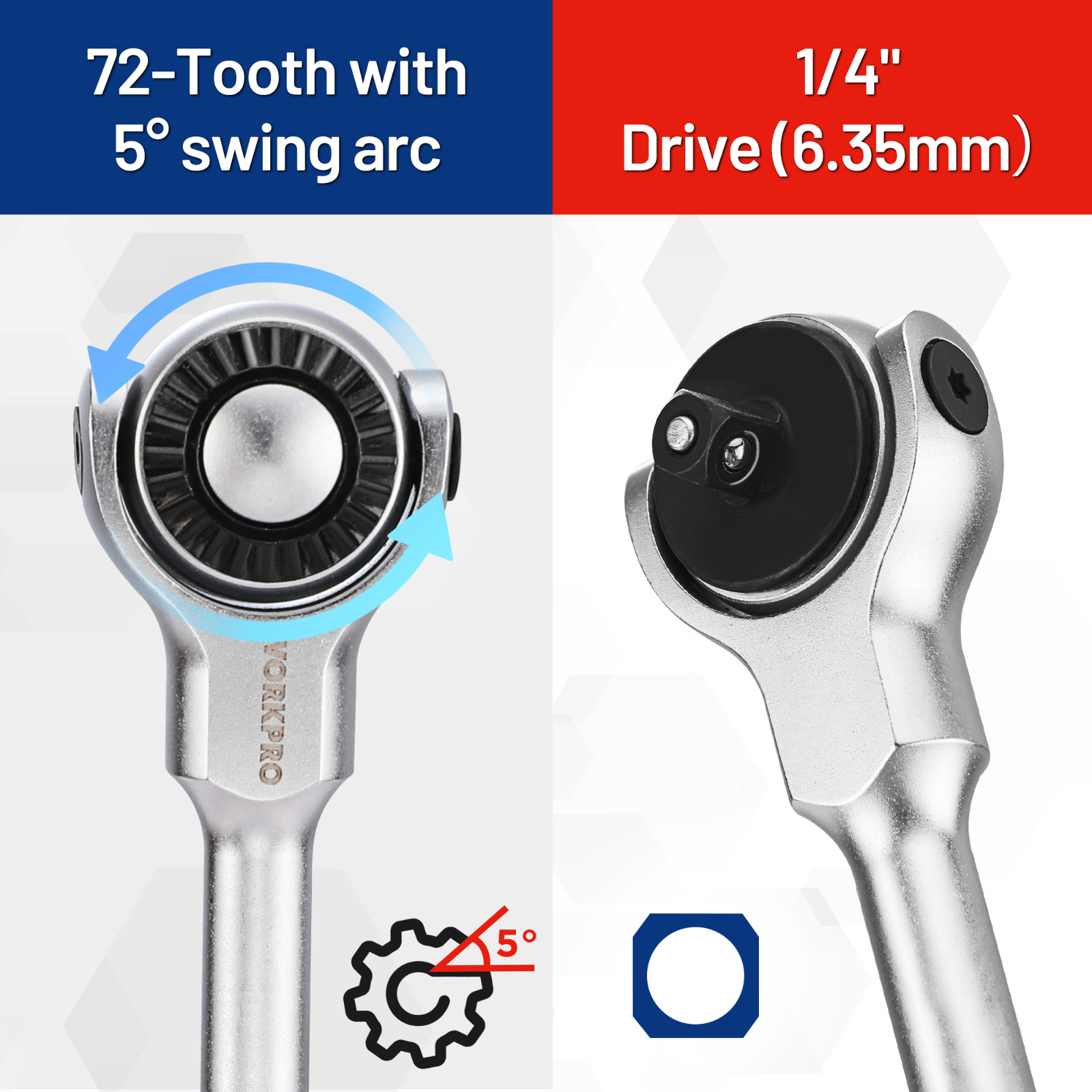 1/4»Drive Ratchet 72-Tooth Swivel Head 270°Swivel Quick-release Reversible