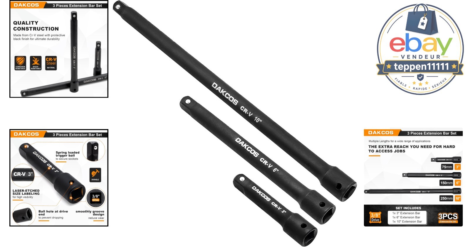 3/8-Inch Drive Impact Extension Bar Set 3 Pieces 3 6 10 Inch