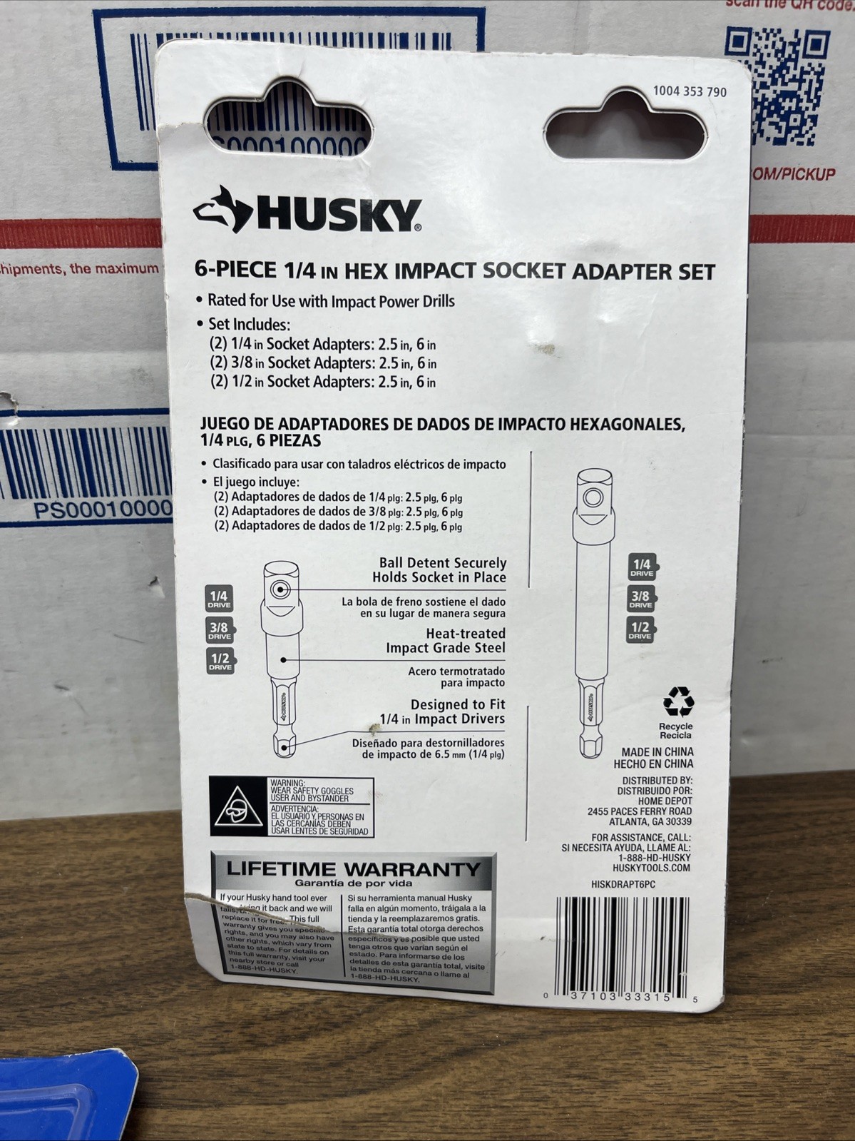 Husky 1004 353 790 6-Piece 1/4″ HEX Impact Socket Adapter Set *NEW*