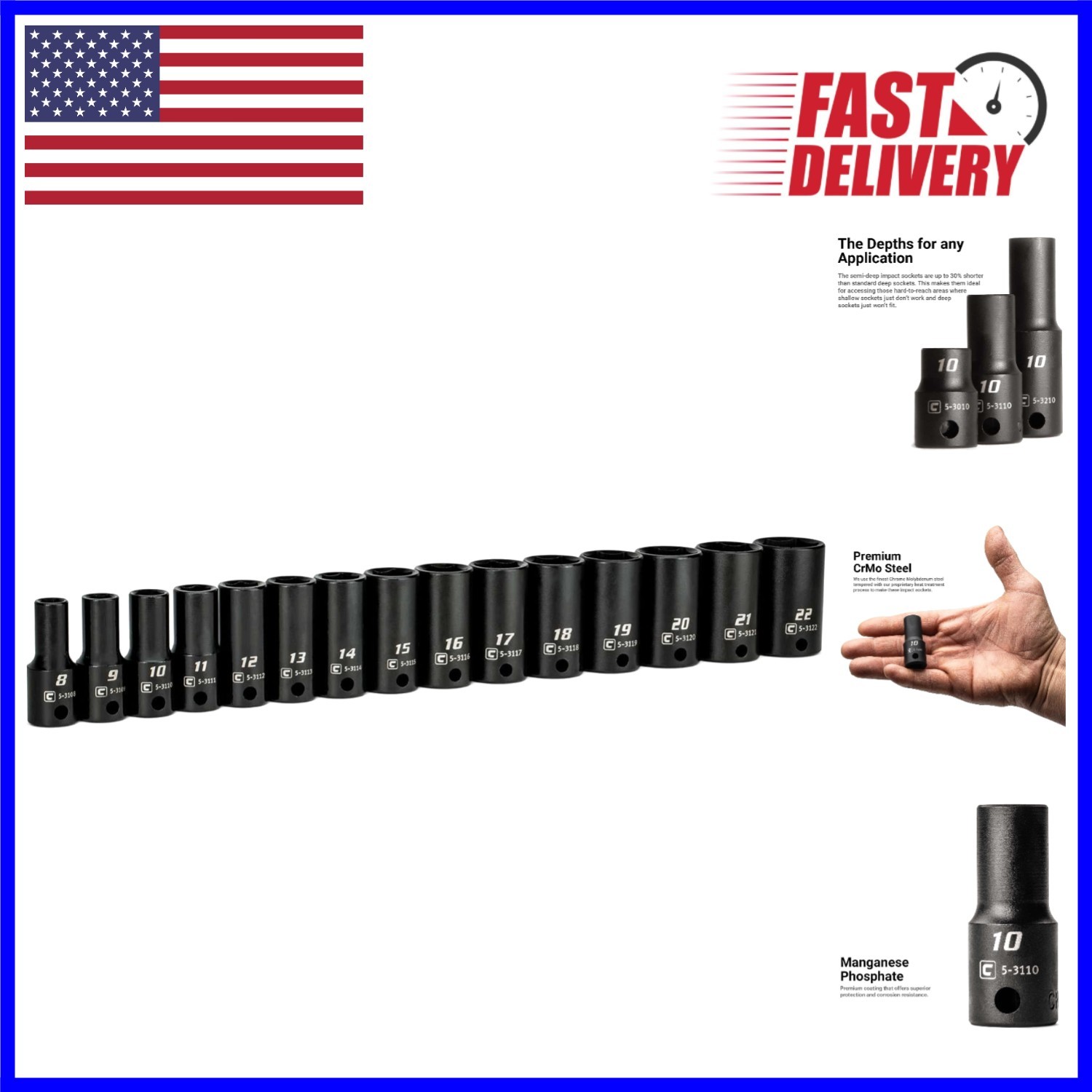 15-Piece 3/8 in. Drive Metric Impact Socket Set (8-22 mm) in Chrome Moly Steel