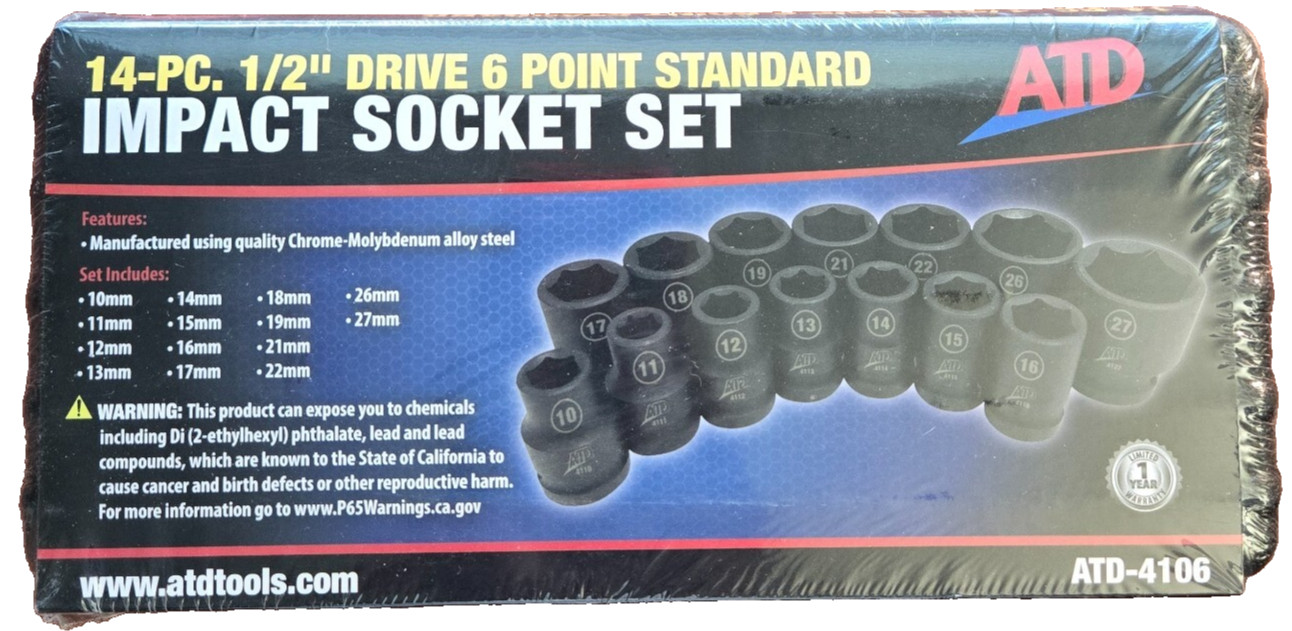 ATD-4106 – 14 Pc. 1/2″ Drive 6 Point Metric Standard Impact Socket Set