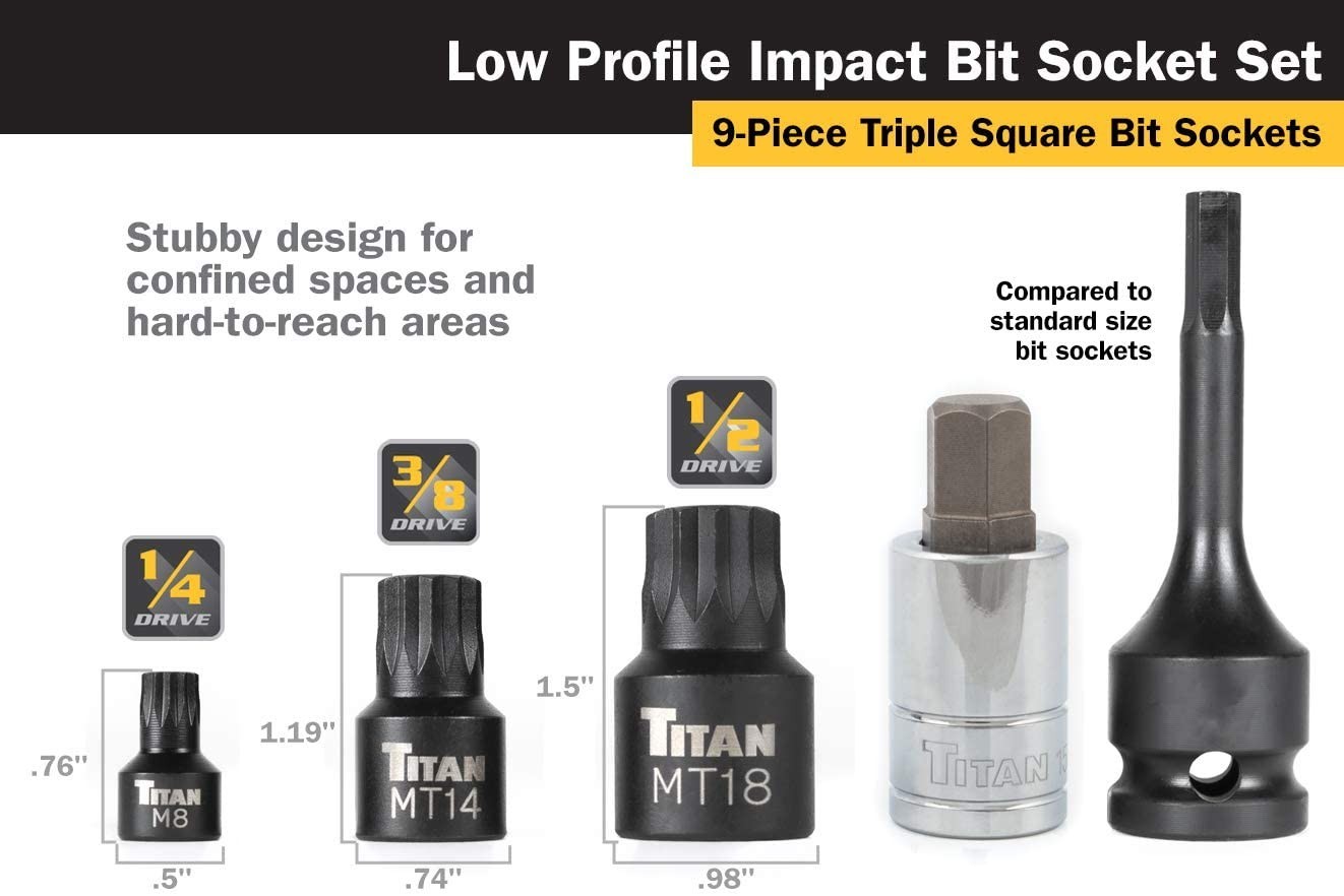 Titan 16138 9pc Impact Grade Stubby XZN Triple Square Bit Socket Set