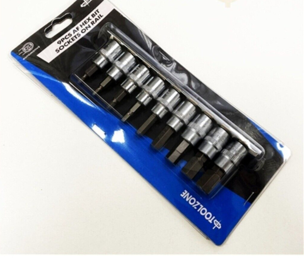 9pc AF Imperial SAE Allen Key male HEX Bit Sockets on rail