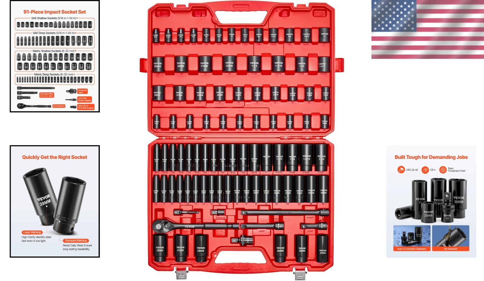 91-Piece 1/2″ Drive Impact Socket Set, SAE & Metric
