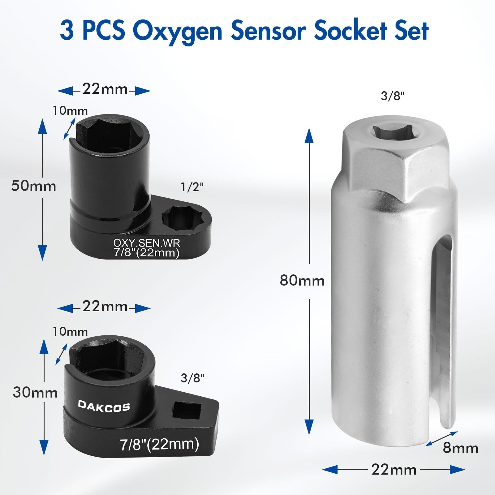 DAKCOS 3pcs Oxygen Sensor Socket Set, 1/2″ 3/8″ Drive 22mm (7/8″) Lambda Sensor