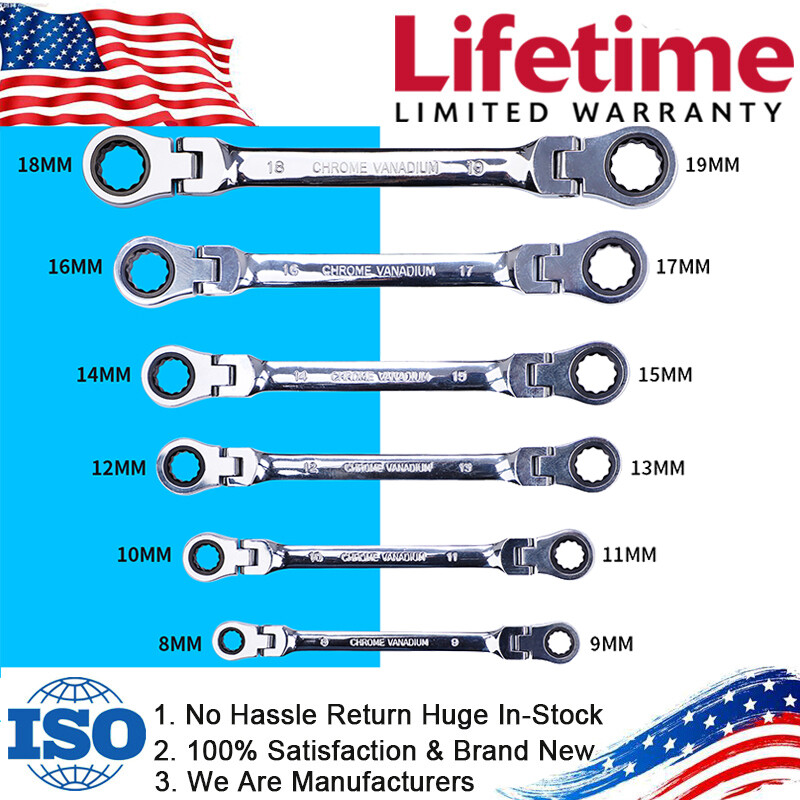 Double Box End Ratcheting Wrench Flex-Head Spanner Set Metric w/ Carrying Bag