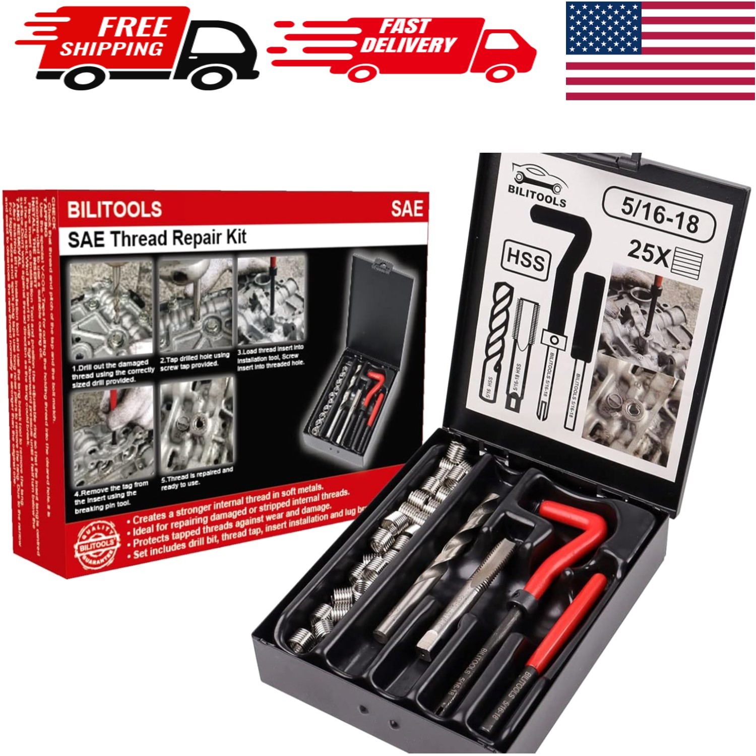 Durable 5/16-18 Thread Repair Kit – HSS Drill & Inserts for Stronger Connections