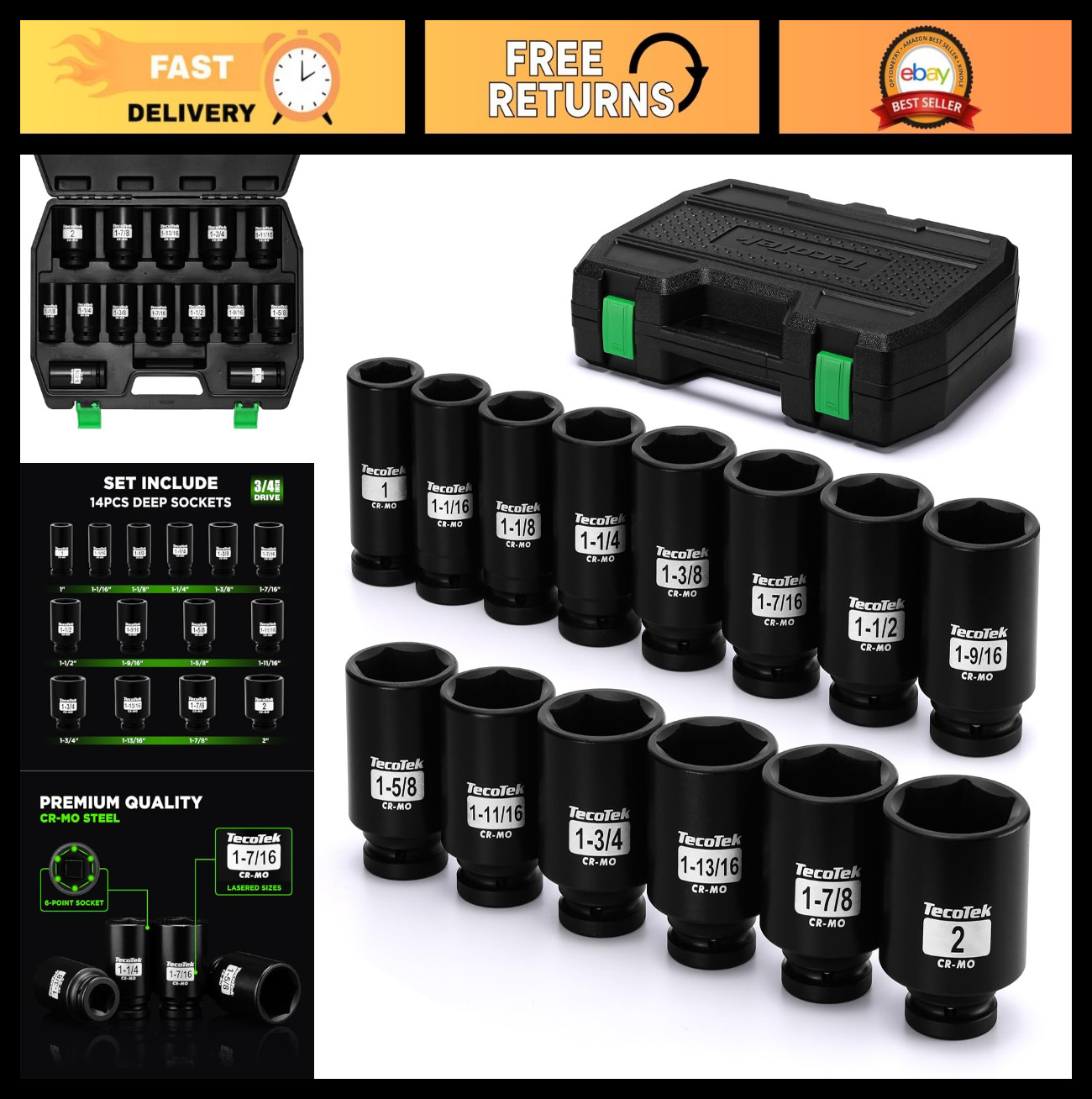 14-Piece 3/4″ Drive Deep Impact Socket Set, Heavy Duty Cr-Mo SAE for Large Vehic