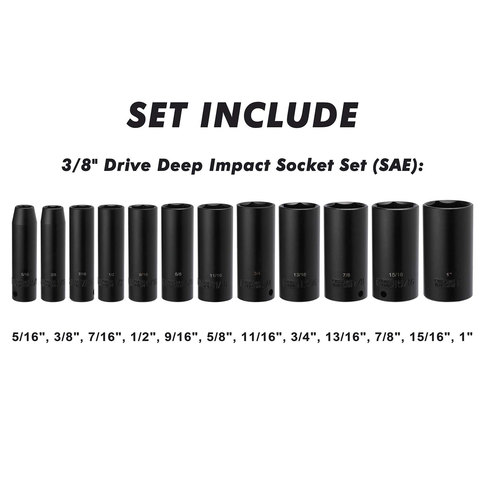 12 Pcs 3/8-Inch Drive Impact Socket Set 6-Point SAE, Deep, CR-V, 5/16″ to 1″,