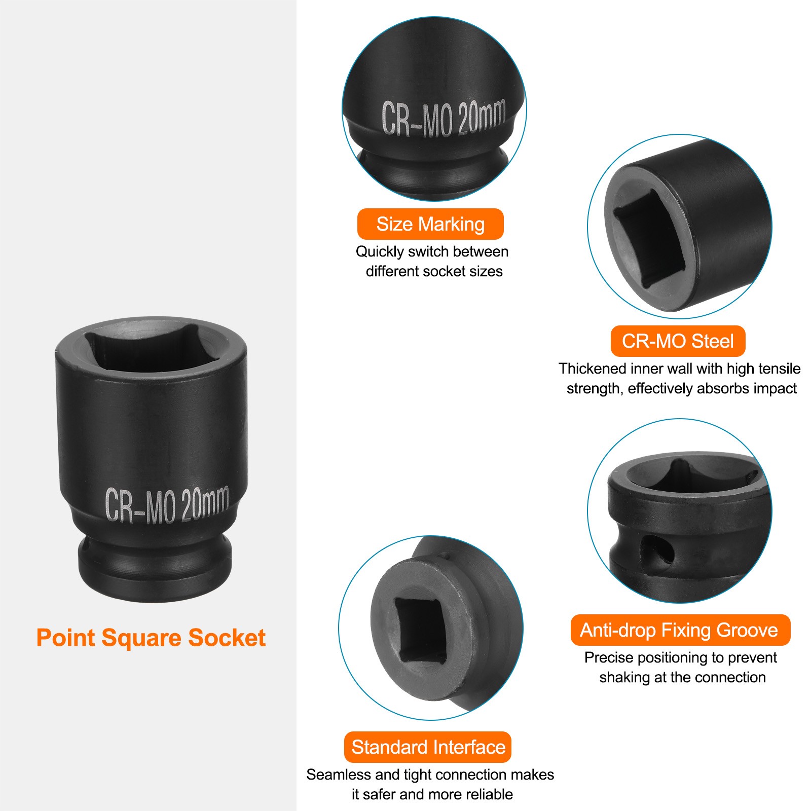 2pcs 4 Point Square Socket 1/2″ Drive 20mm Metric CR-MO Impact Wheel Socket