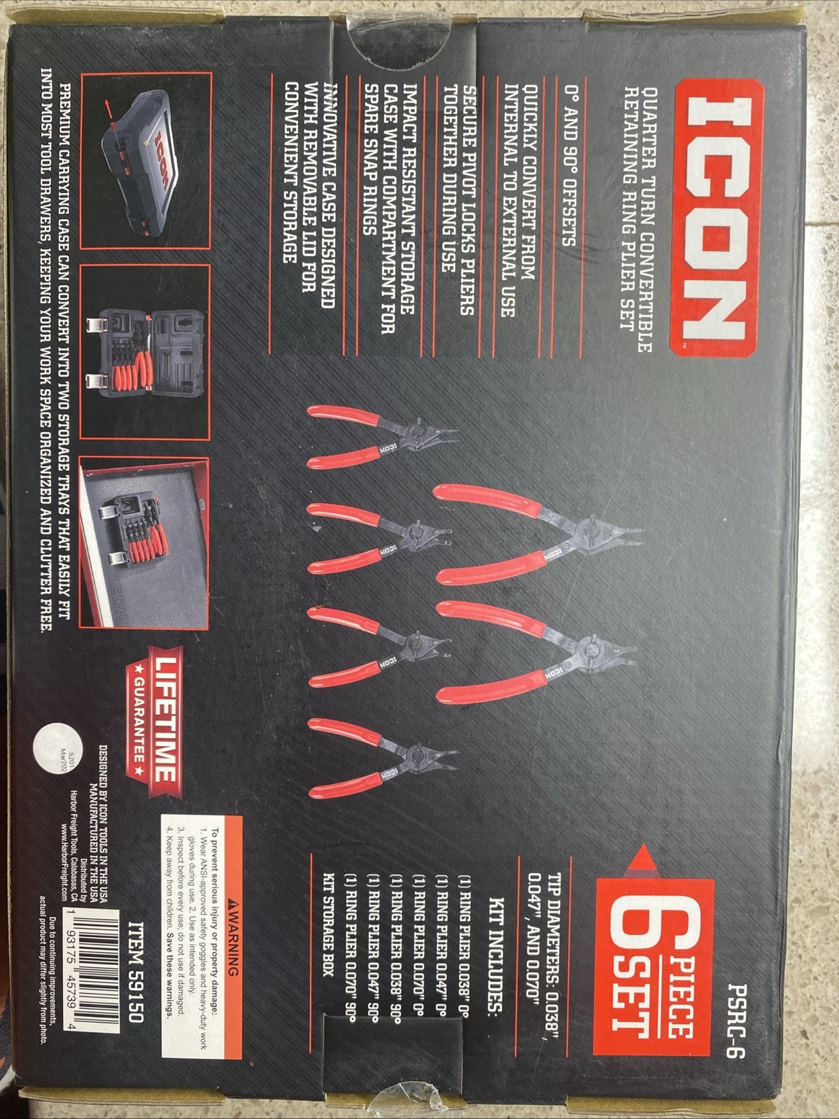 NEW Icon PSRC-6 6PC Quarter Turn Convertible Retaining Ring Plier Set 59150