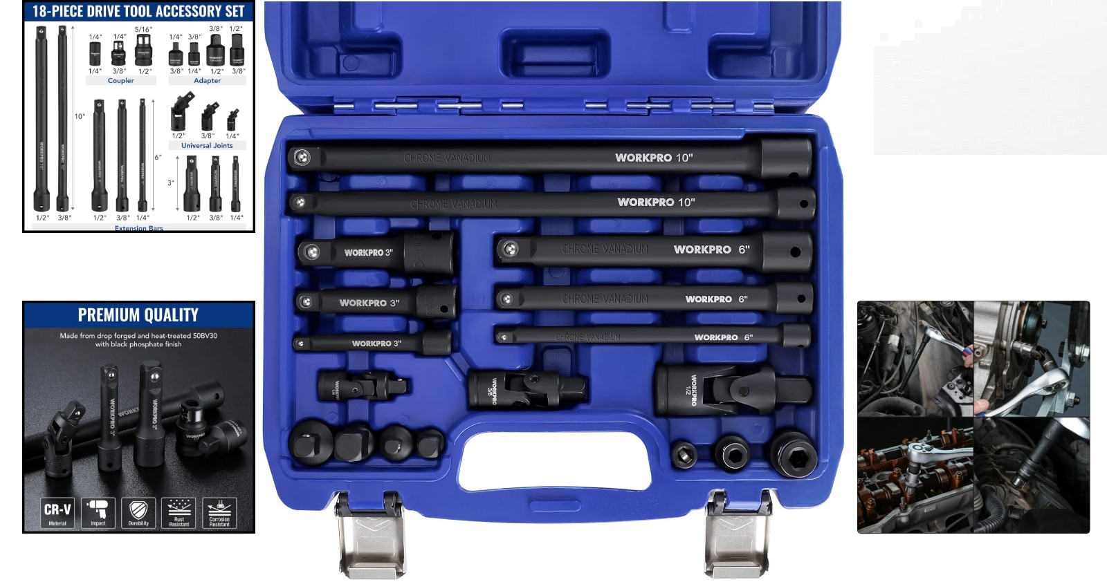 Durable 18-Piece Socket Extension Set with Ratchet and Professional Storage Case