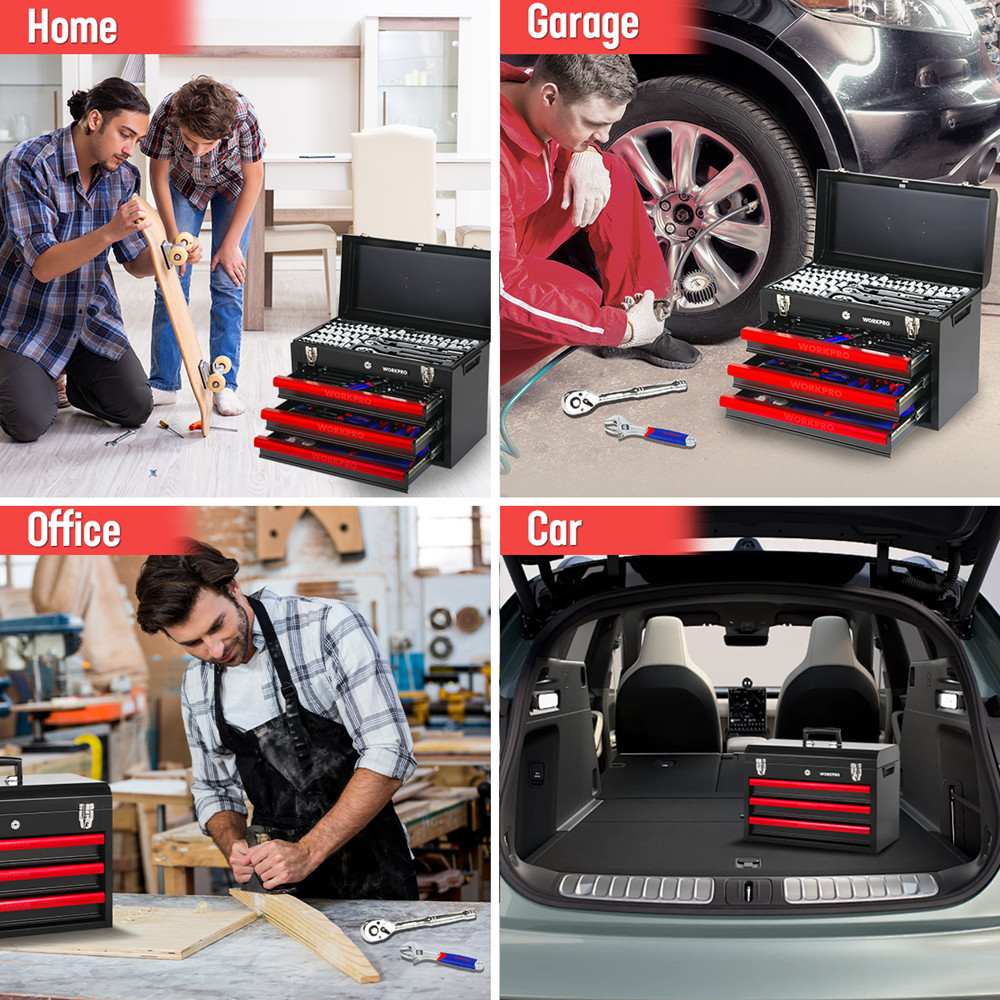 WORKPRO 408PCS Mechanics Tool Set 3Drawer Home Repair Tool Kit Hand Tool Kit Set