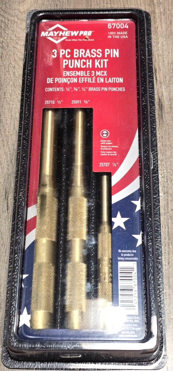 Mayhew 3pc BRASS Pin Punch Set, Sizes 1/4″, 3/8″ & 1/2″ made in USA #67004