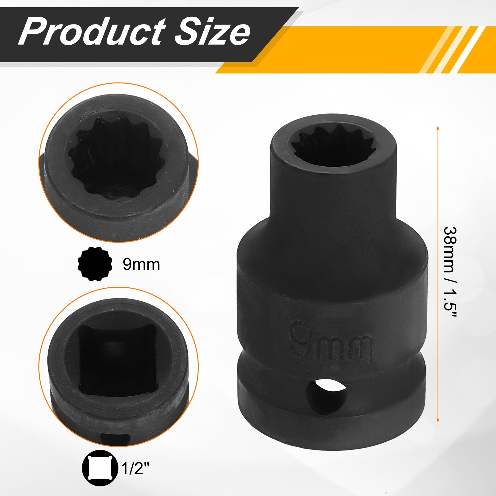1/2″ Drive 12 Points Socket 9mm Metric CR-V Steel Shallow Impact Socket