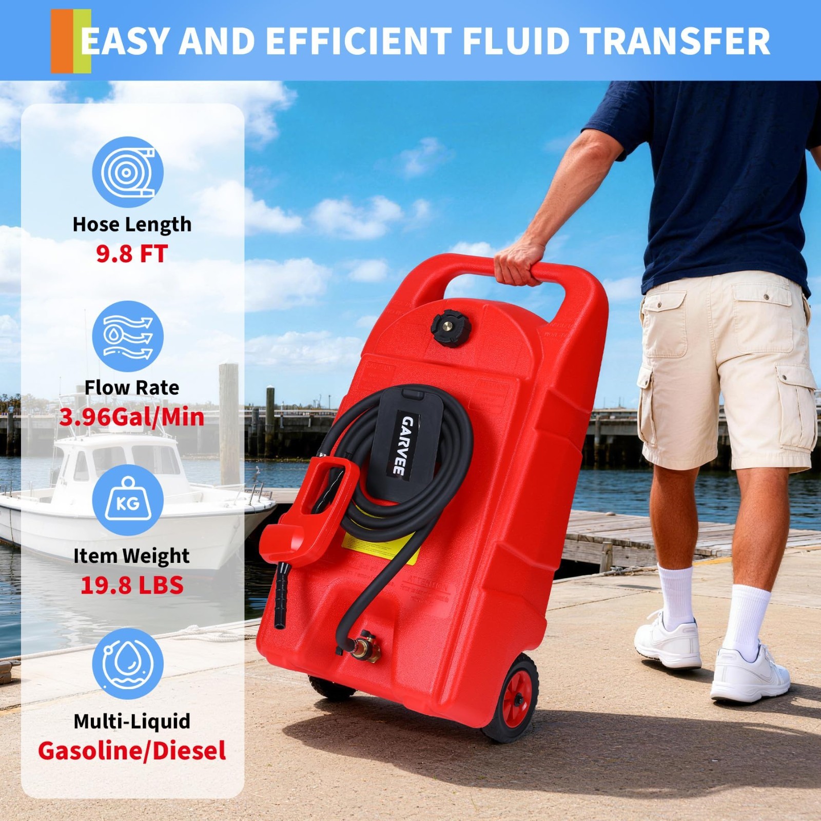 Portable Fuel Tank 15 Gallon with Pump Rubber Tires Gas Caddy Lawn Mower Tool