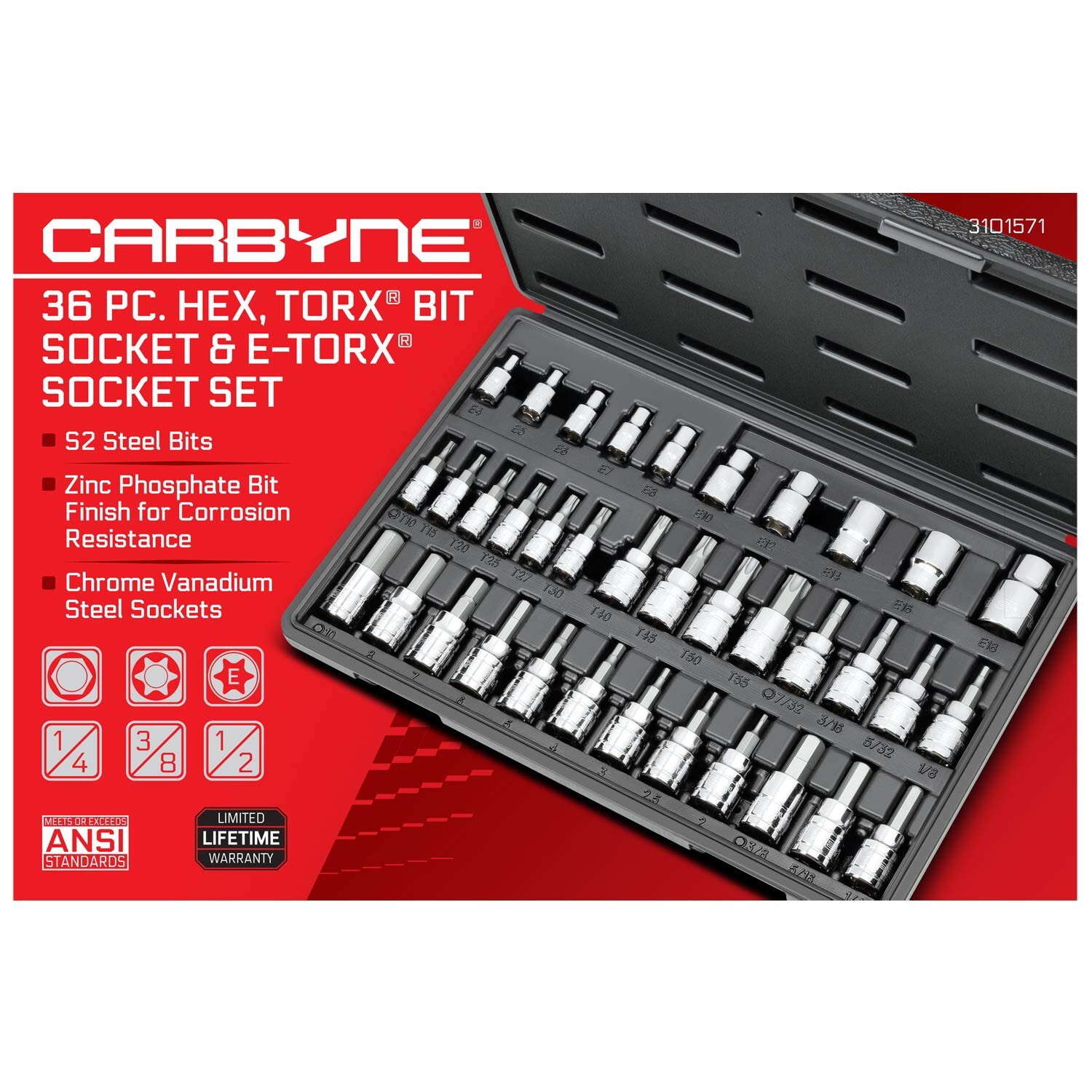 CARBYNE 36 Piece Hex, Torx Bit Socket & E-Torx Socket Set, S2 Steel | 1/4″, 3…