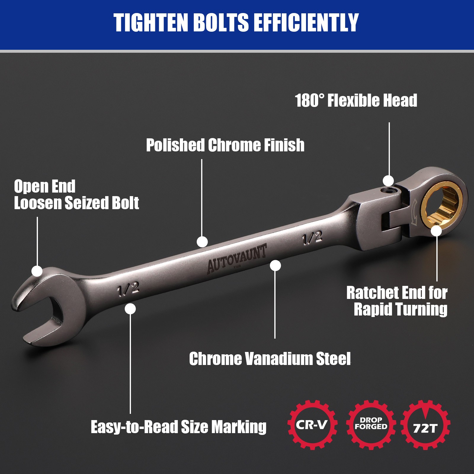 24PC Flexible Ratchet Wrench Combination Set SAE Metric Open & Ring Spanner CR-V