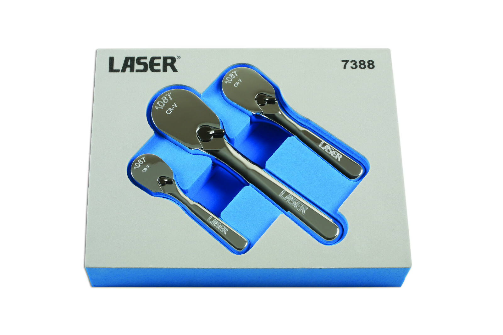 Laser 7388 Stubby Ratchet Set 3pc Fine 108 Teeth 1/4 3/8 1/2 Drive + Foam