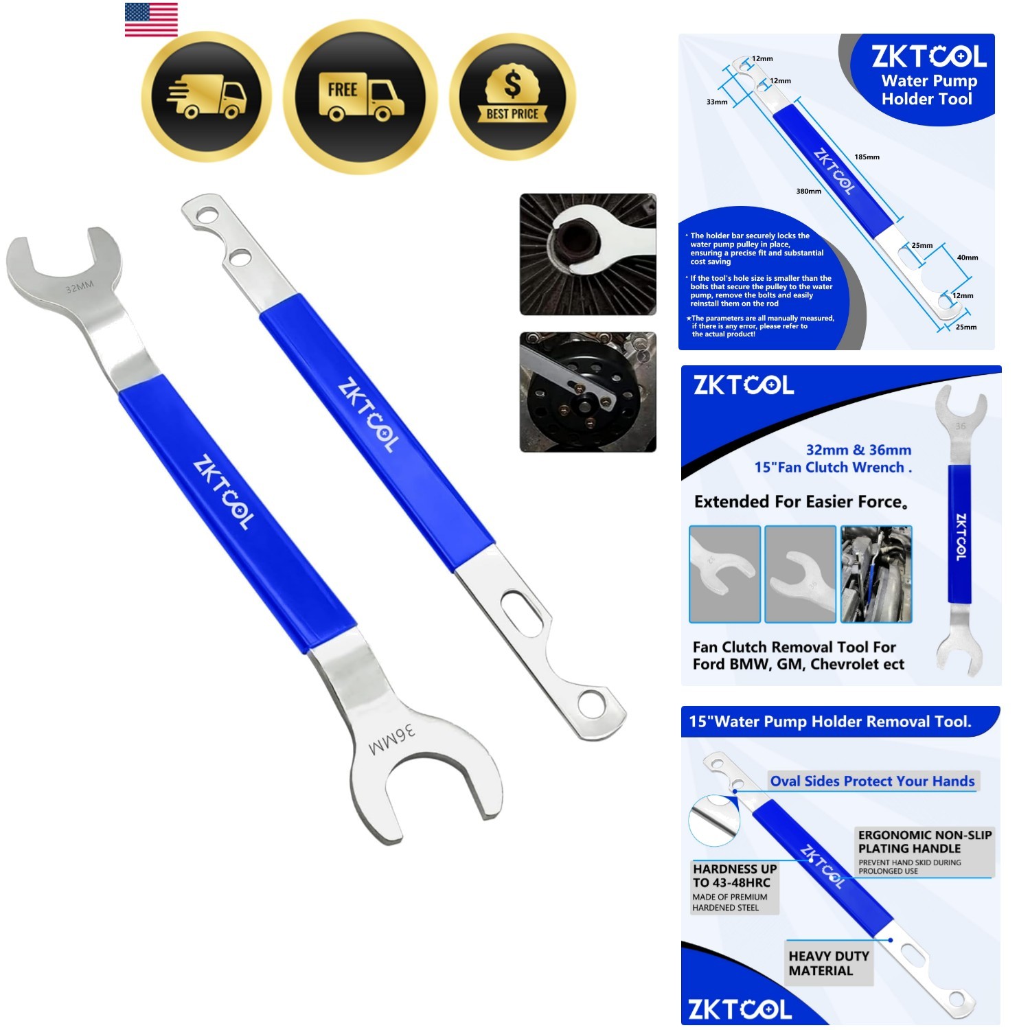Fan Clutch Wrench Set,32mm & 36mm Clutch Fan Tool Wrench,Water Pump Pulley Ho…