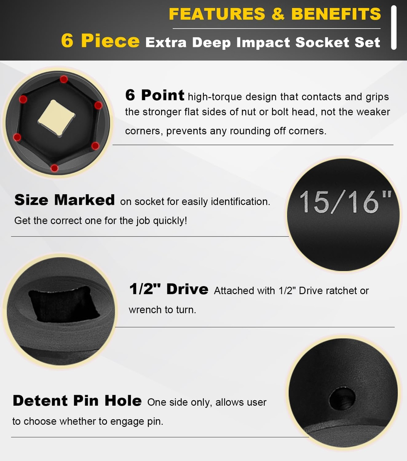 1/2 Inch Drive Extended Impact Socket Set – Extra Deep Hex Size 3/4 7/8 15/16 1