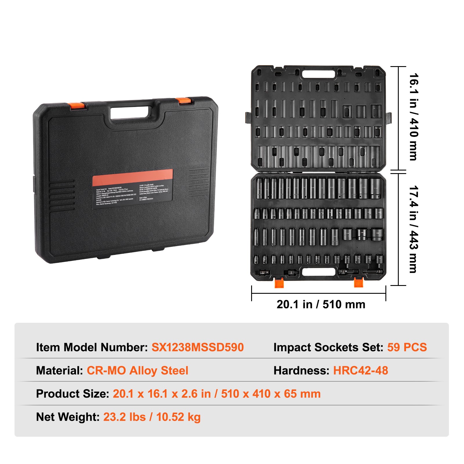 Uimoso 59-Piece Impact Socket Set with 6-Point Design, 3/8″ & 1/2″ Drive