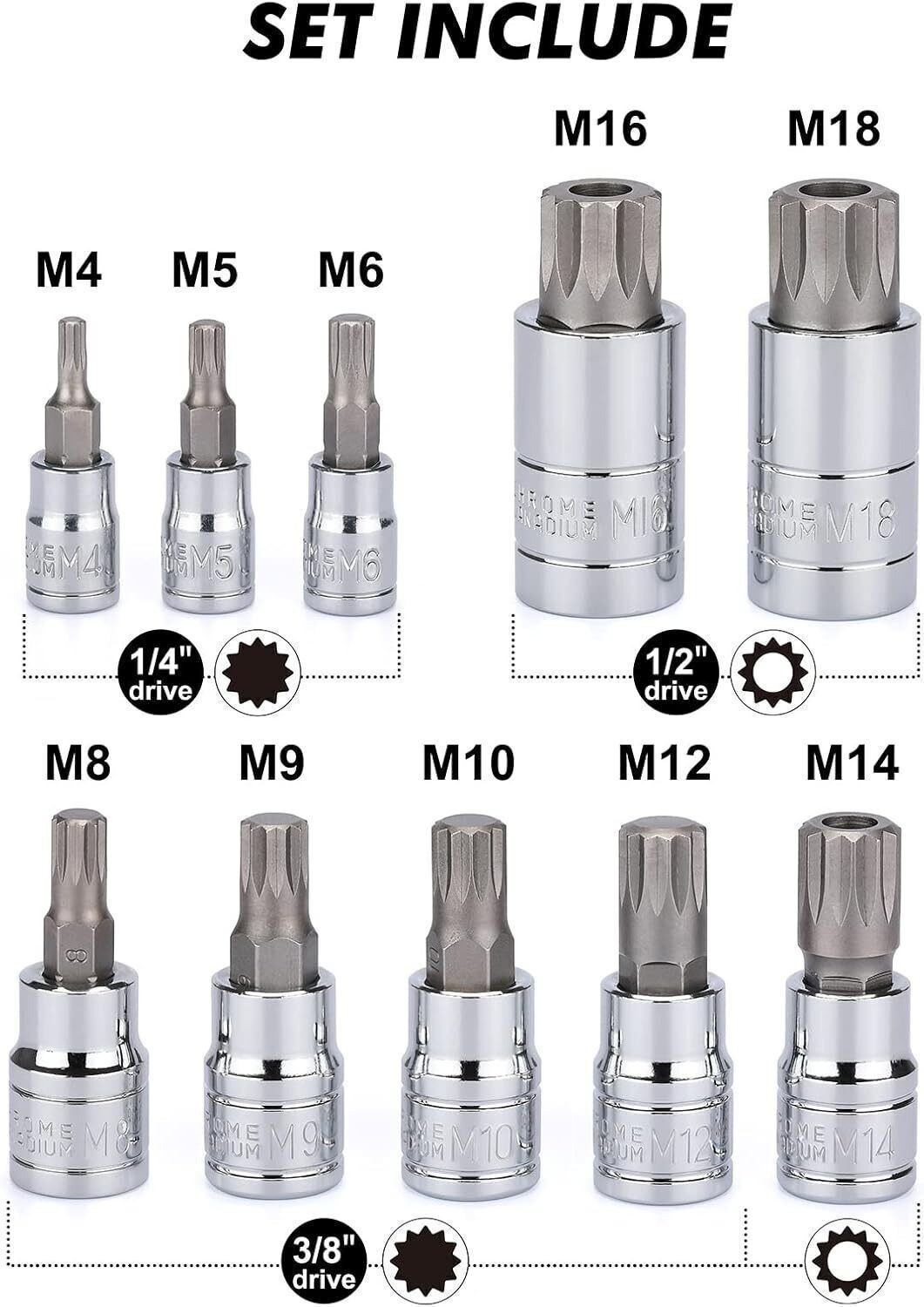 10PCS XZN Triple Square 12 Point Spline Bit Socket Set 4MM – 18MM 1/2″ 1/4″ 3/8″