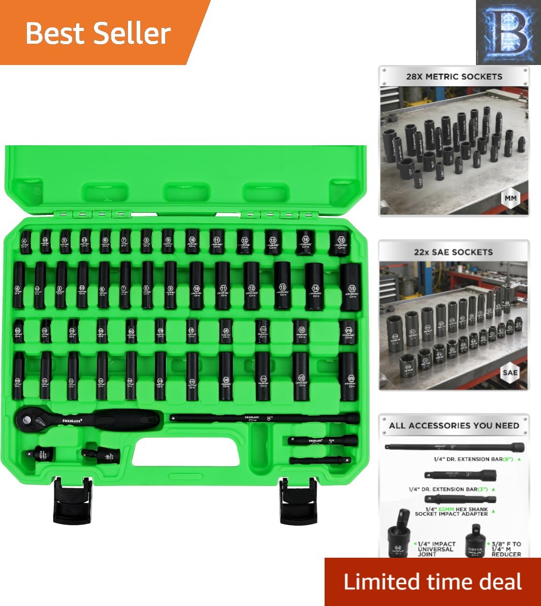 High-Torque 1/4″ Drive Impact Socket Set – 56 Pieces with Storage Case