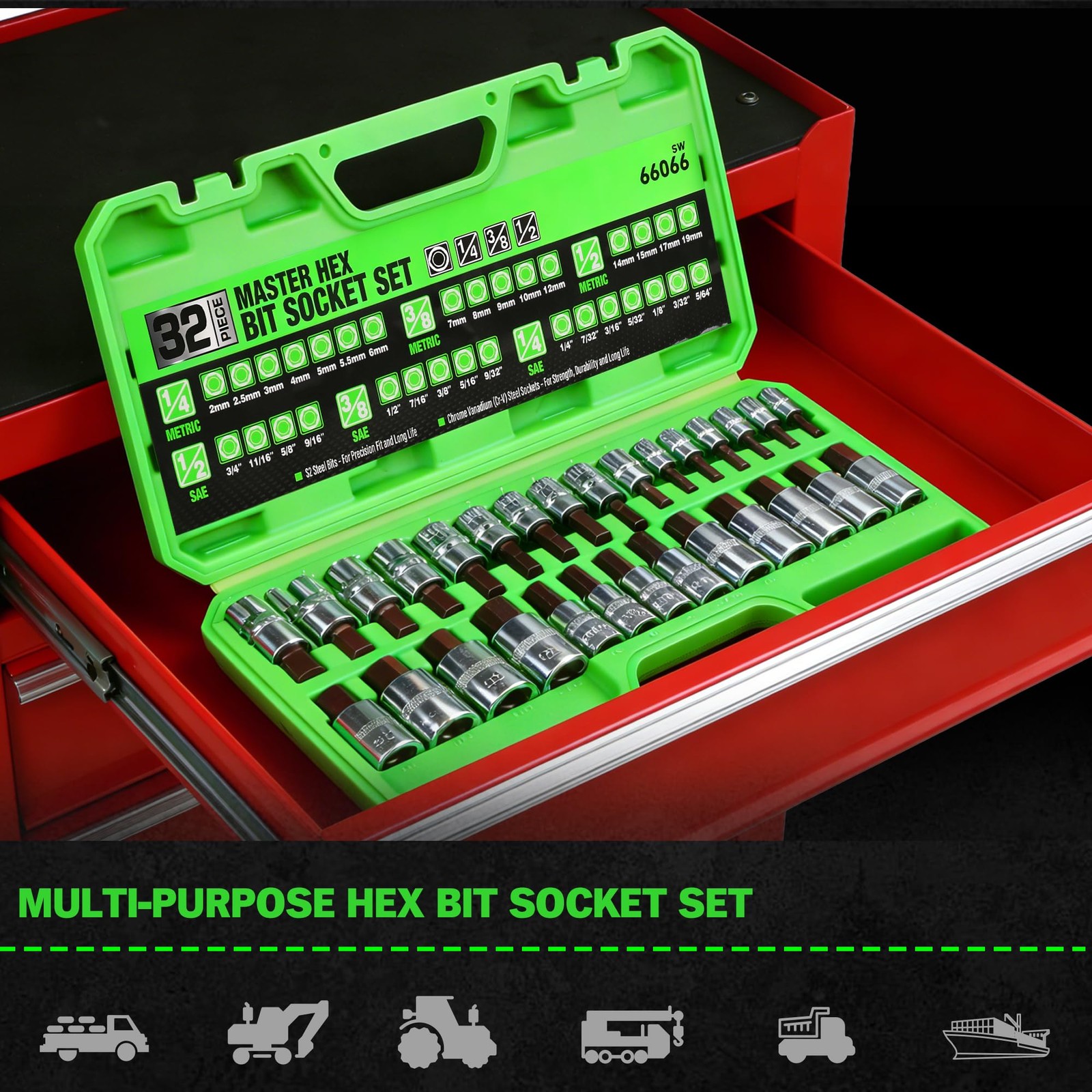 32 Piece Hex Bit Socket Set,SAE and Metric, 1/4», 3/8′, 1/2» Drive Socket Set,