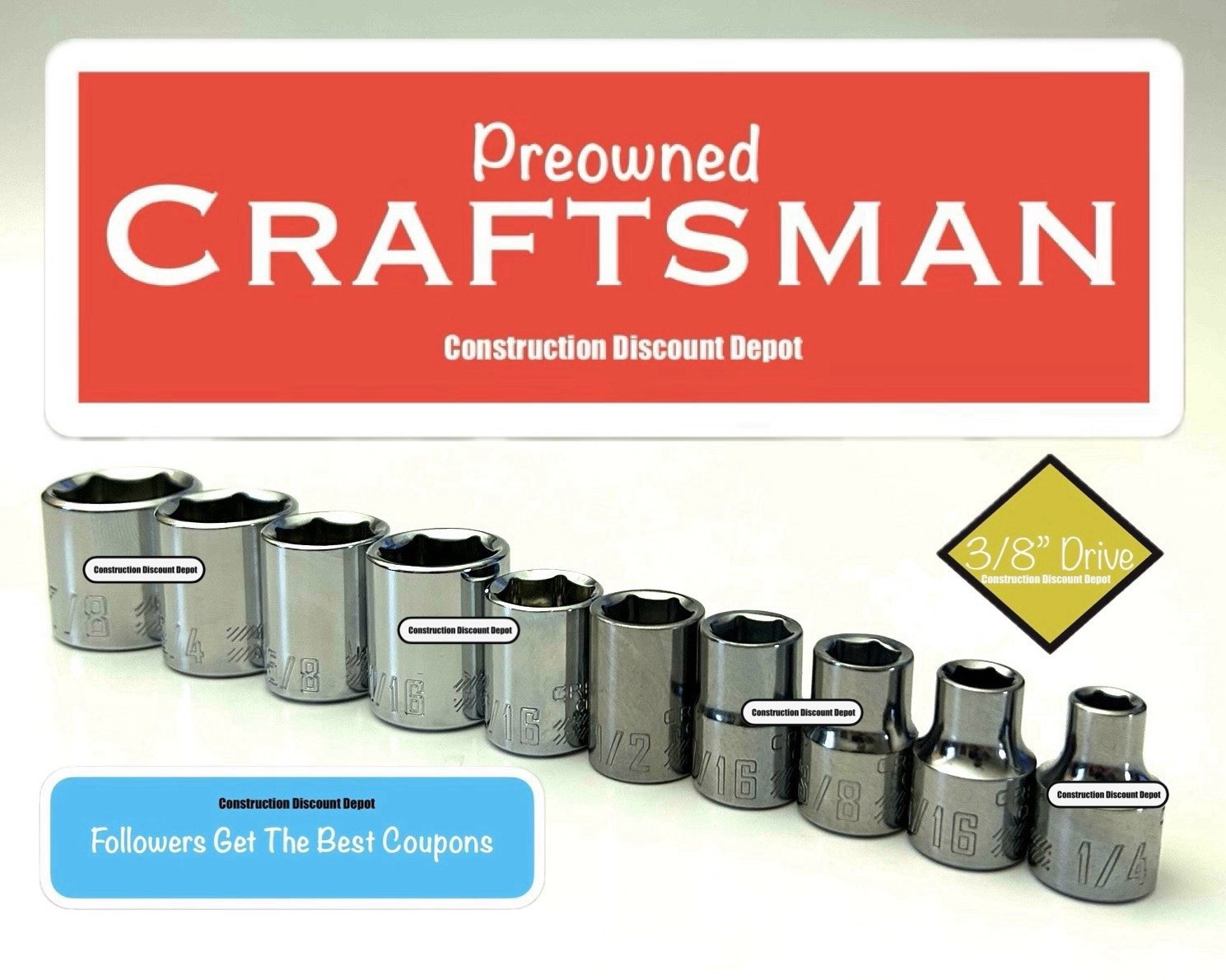 Craftsman 10 Piece Shallow Standard 3/8″ In Drive SAE 6 Point socket set