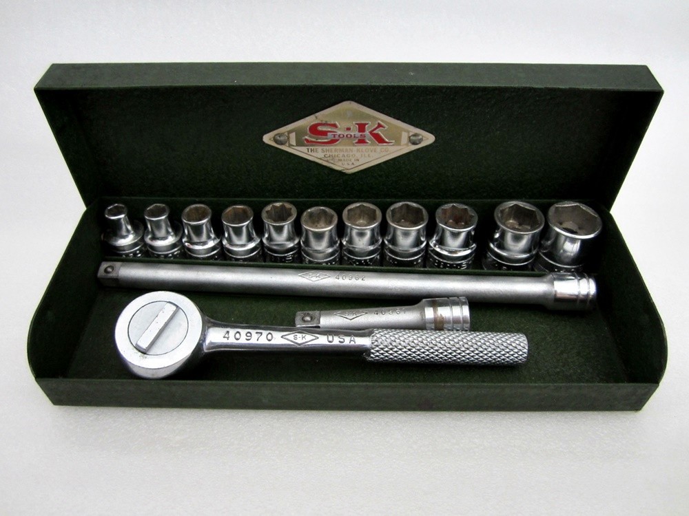 Vintage S-K Tools 1/4″ Drive 6pt 8pt SAE 14pc Socket Set Metal Case 4916 SK USA