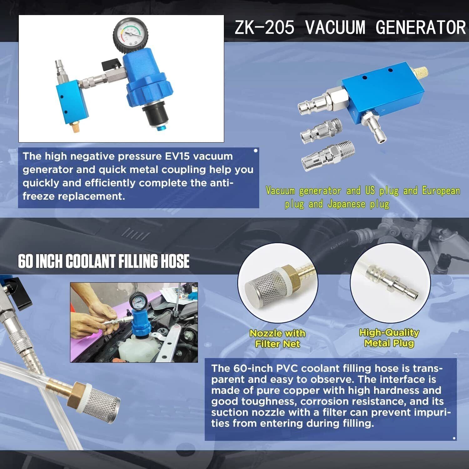 16PCS Radiator Cooling System Vacuum Purge Gauge Tool Coolant Refilling Kit