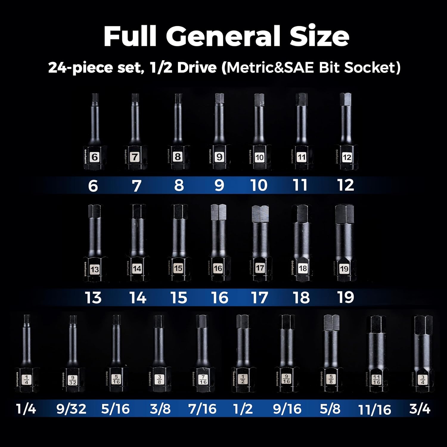 toolant 1/2″ drive impact hex bit socket set – 6mm-19mm – 24 PCS