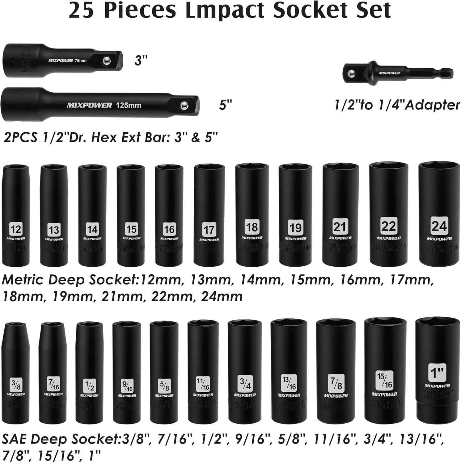 Comprehensive 25-Piece Deep Impact Socket Set with Extension Bars and Adapter