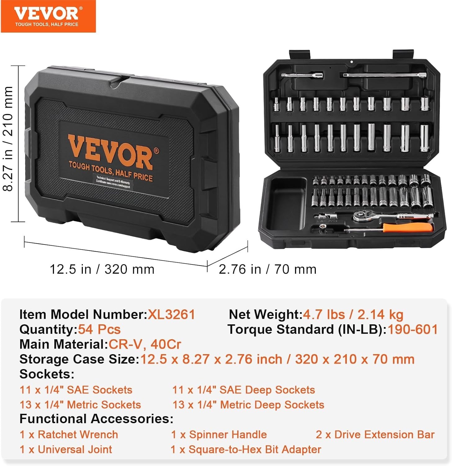 Socket Set, 1/4 Inch Drive Socket and Ratchet Set, 6-Point Socket Opening, 54…