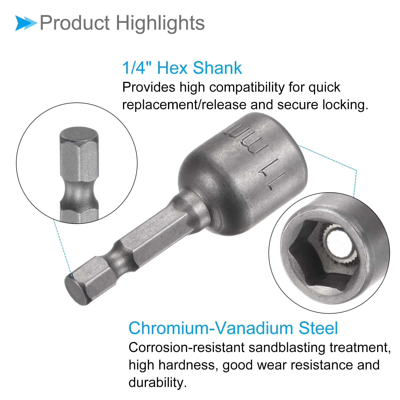 5pcs 1/4″ Hex Quick Change 11mm Magnetic Hollow Shaft Nut Setter 48mm