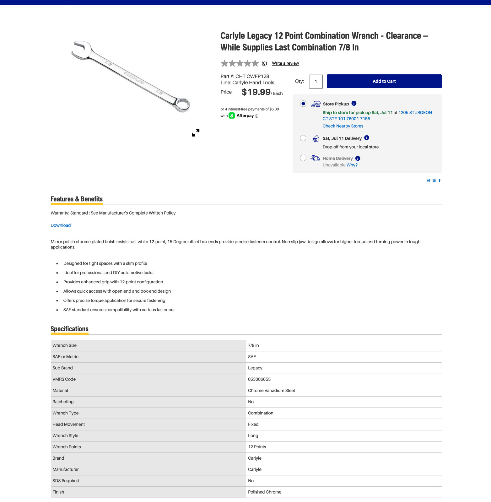 Carlyle 5 Pc Long SAE Combination Wrench Set 1/2, 5/8, 13/16, 7/8, 15/16 NEW!