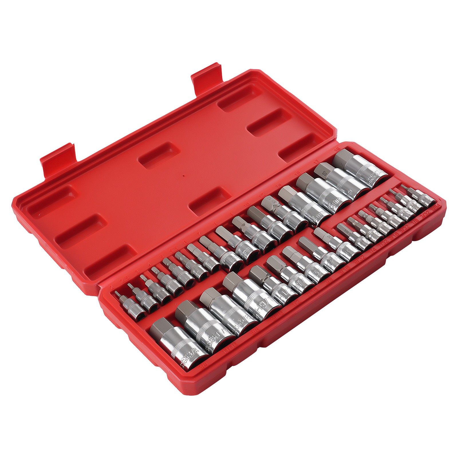32pc S2 Steel Hex Bit Socket Set 1/4 3/8 1/2 in Drive Metric Imperial