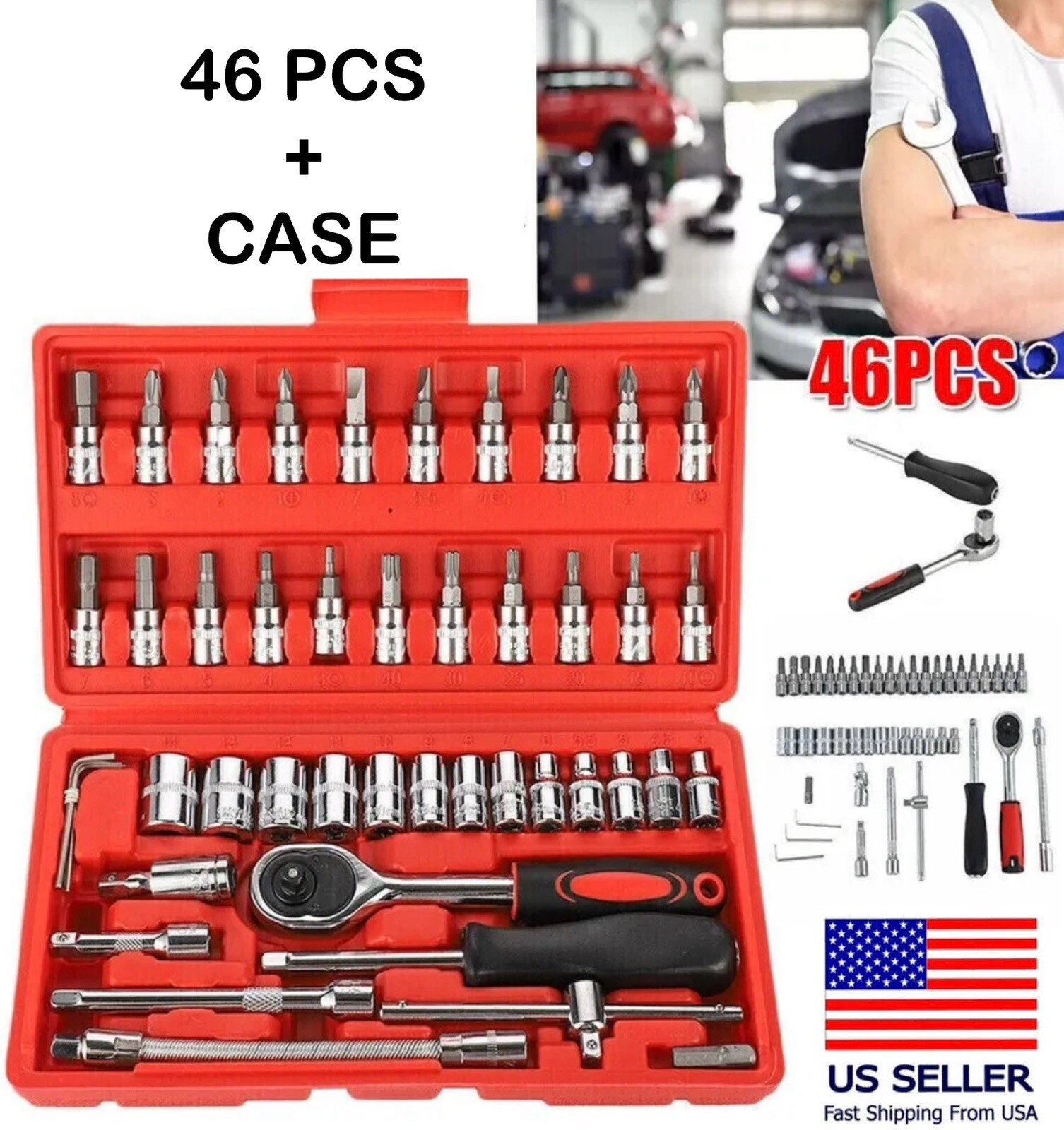 46PC Ratchet Torque Wrench Kit Hand Repair Tool For Car Bike 1/4″ Socket Set Kit