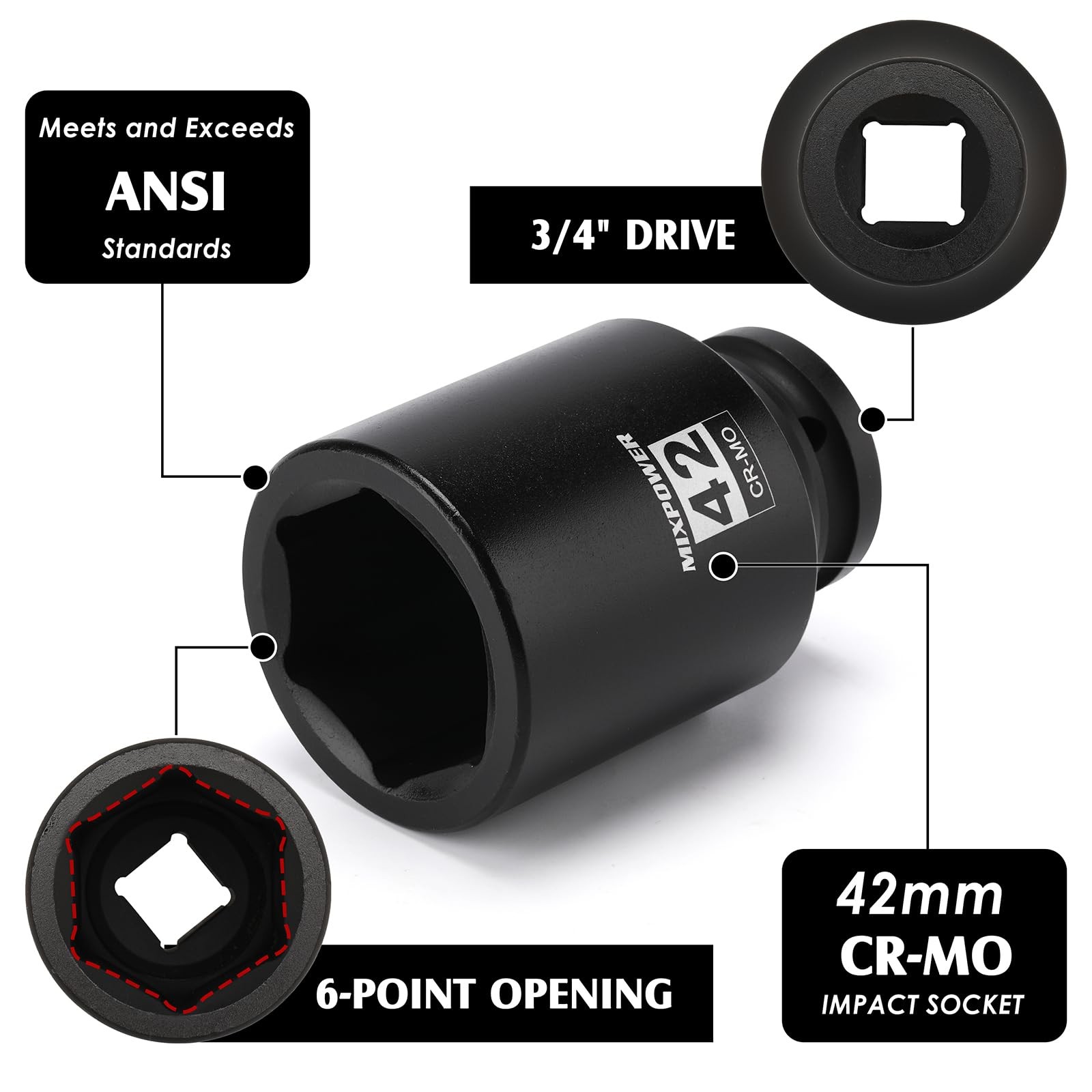 MIXPOWER 3/4″ Drive Deep Impact Socket, CR-MO, 42mm, Metric, 6 42mm