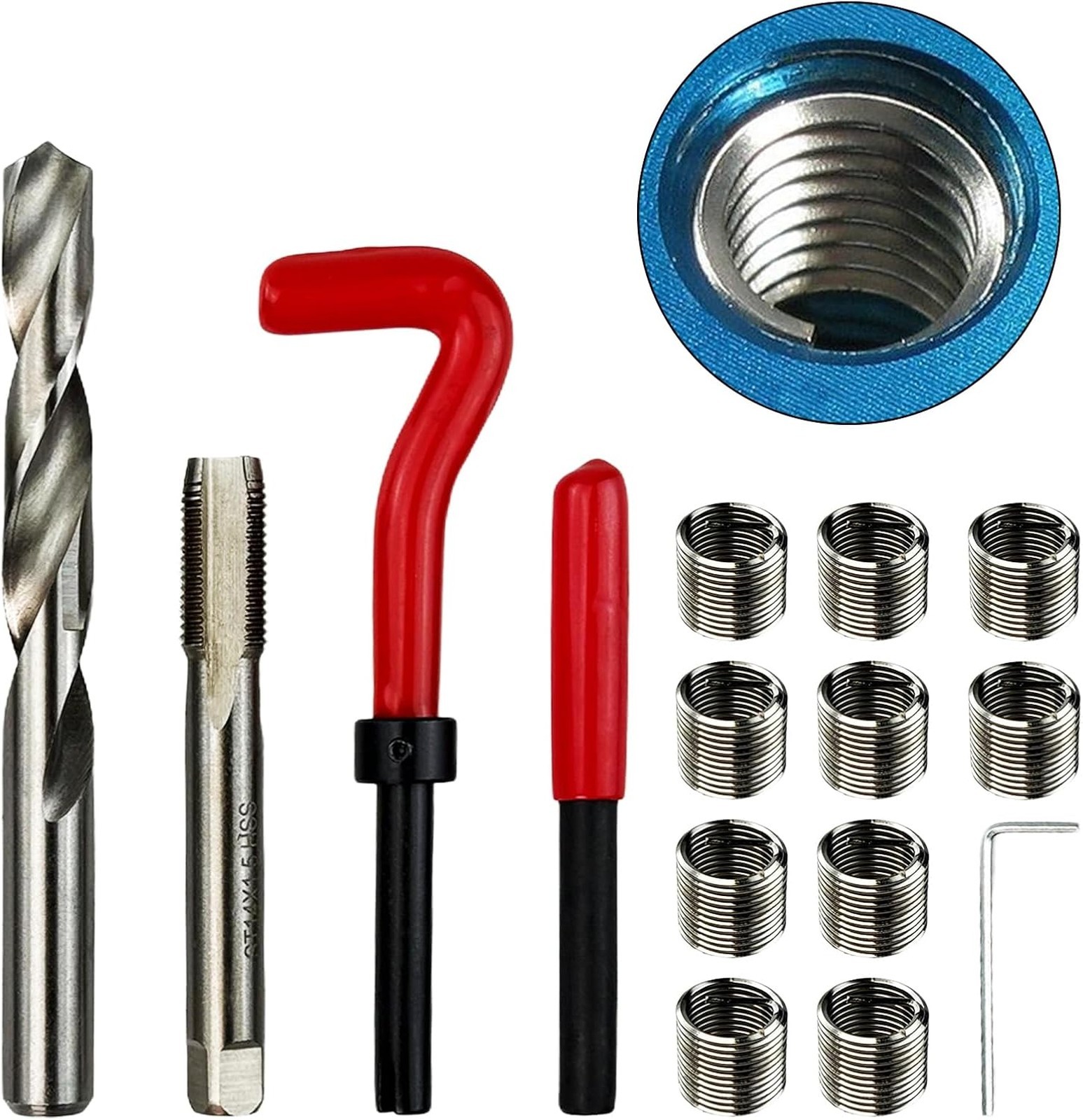 M14x1.5mm Thread Repair Kit, Helicoil Insert Set, Steel Hand Tool for Damaged