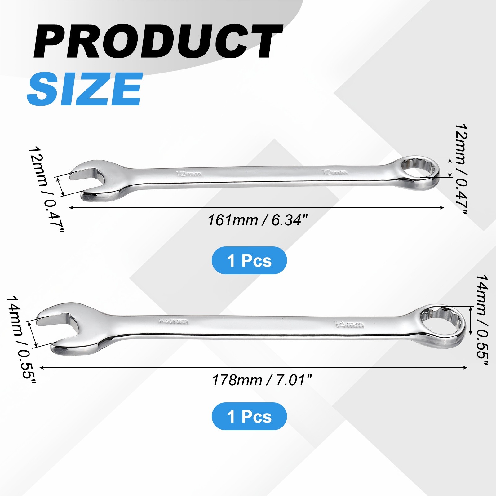 12mm 14mm Metric Combination Wrench, | Silver CR-V Steel, 2-Piece