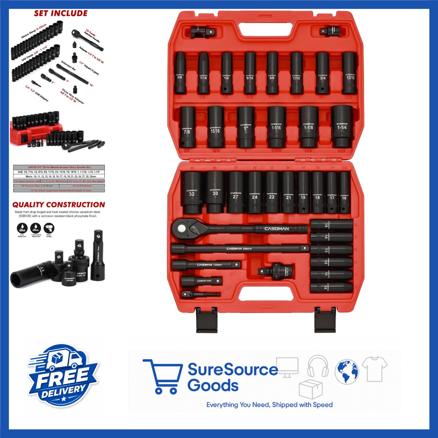 1/2″ Drive Impact Socket Set 38 Piece Deep Standard SAE Metric with Ratchet