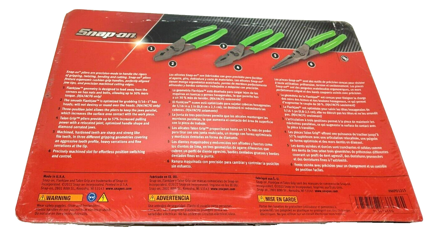 New Snap-on™ PL347ACFG Talon Grip™ Slip Joint Plier Set HJ47ACF 47ACF LN47ACF