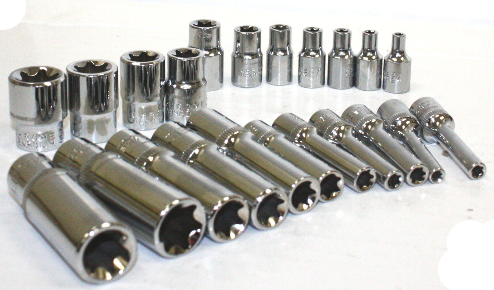 22 PC 1/4″ & 3/8″ DR. FEMALE TORX STAR SOCKET SET E4-E10 E11-E18 SOCKETS PRO