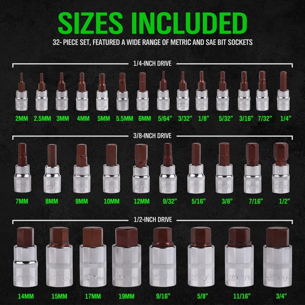 32-Piece Hex Bit Socket Set – SAE & Metric, 1/4″, 3/8″, 1/2″ Drive, S2 & Cr-V St