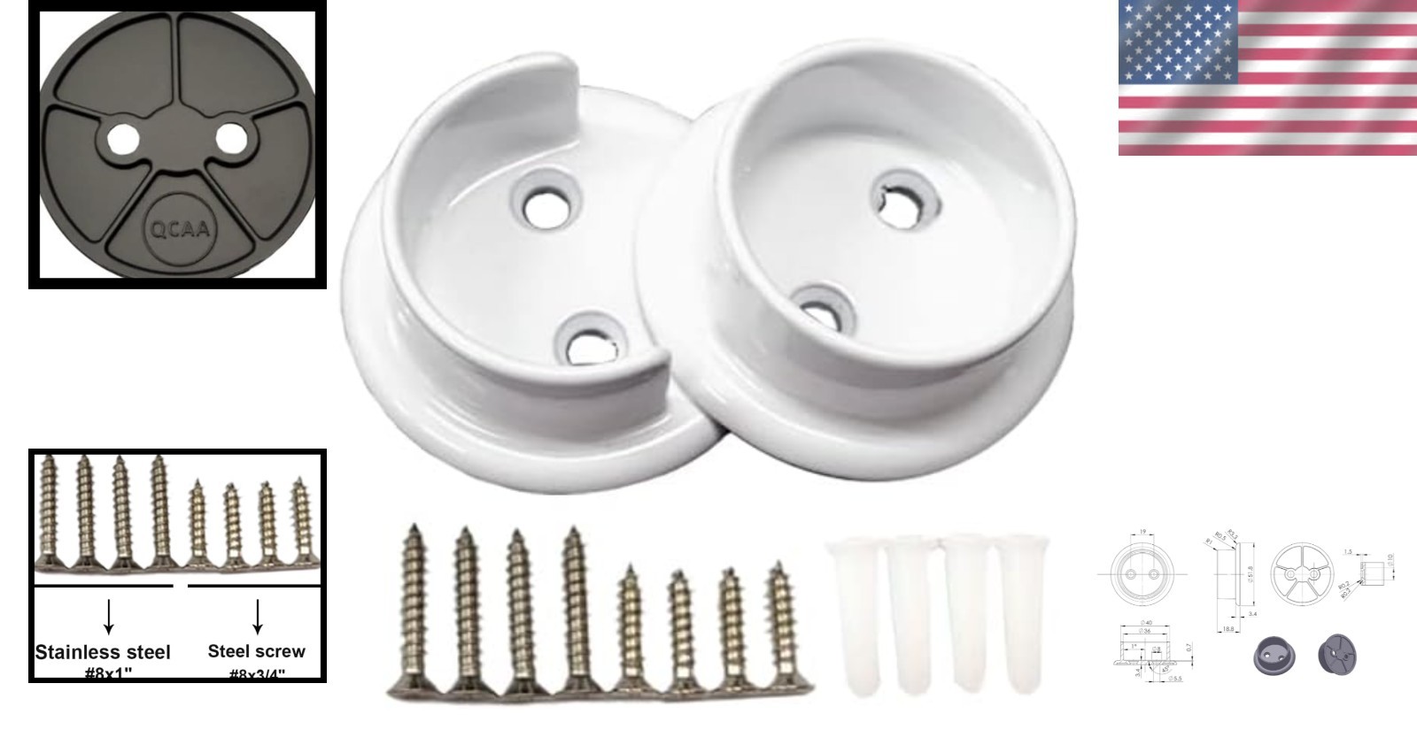 1 Pair Matte White Heavy Duty Metal Rod Socket Set – Ideal for Closets, 1-3/8»